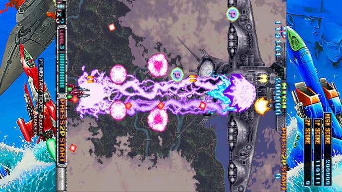 Batsugun screenshot showing a greyshi bakground with purple lingting attacks shooting from your little red ship on the left to a giant one on the right